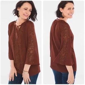 Chico's 0 Brown Orange Embellished 3/4 Bell Sleeve Blouse - Size S